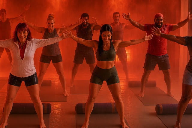 A group fitness class training together, arms outstretched, in a glowing infrared hot studio.