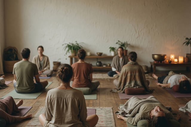 A restorative yoga class seated and lying on mats in a warm, candlelit studio.